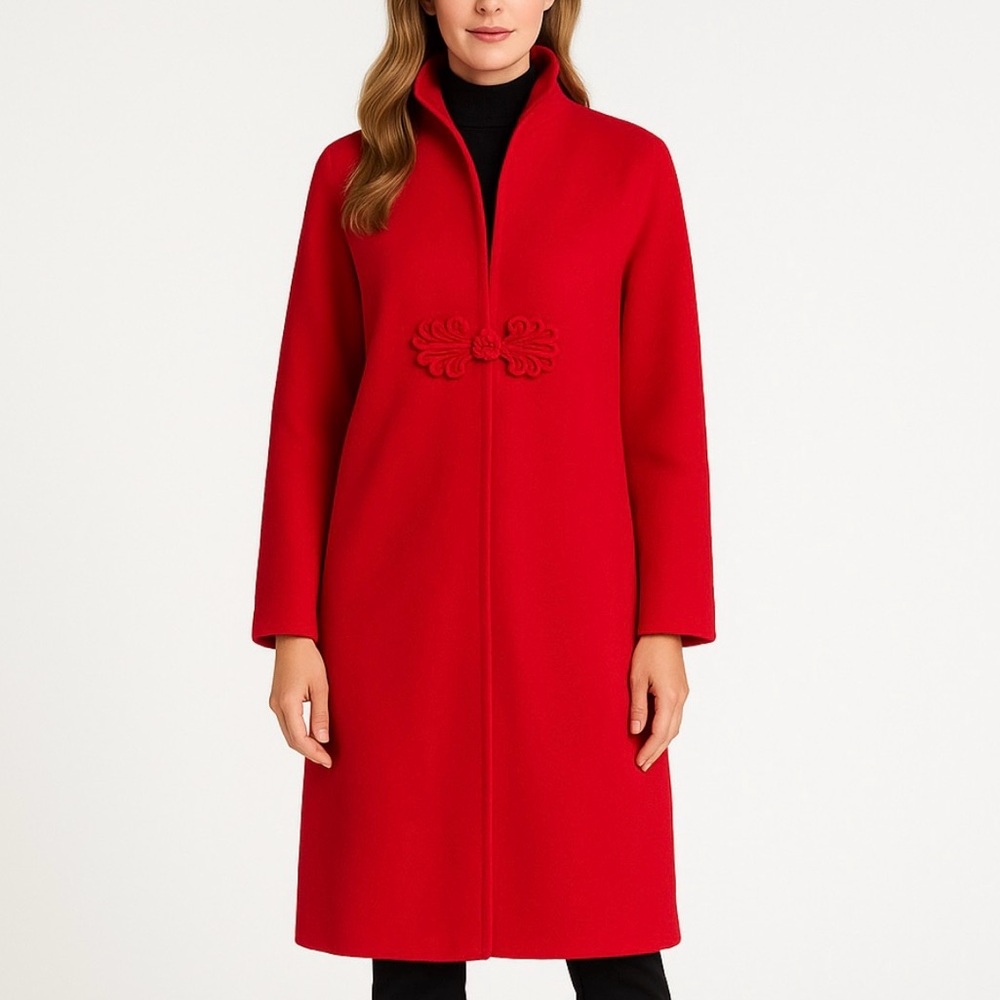 Soft Surroundings Womens Wool Blend Coat Size M Red Frog Clasp Long City Holiday